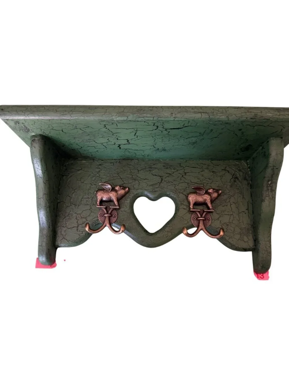 Vintage Green Wall  Shelf Pig Hooks & Heart Cutout Rustic Distressed
